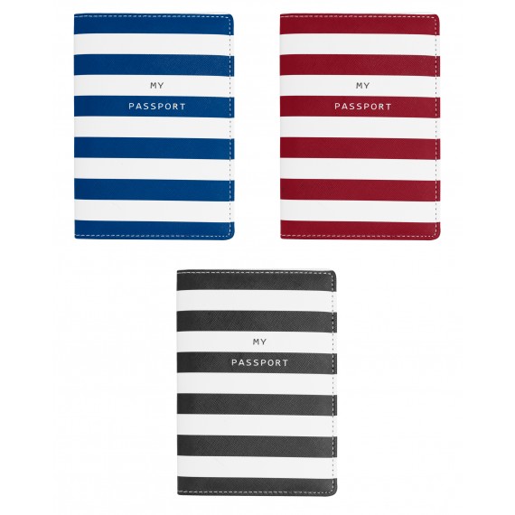 Protège passeport en PU motif rayé bleu , rouge ou noir assortis x 10