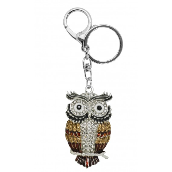 Brown owl keyring, enamel and strass