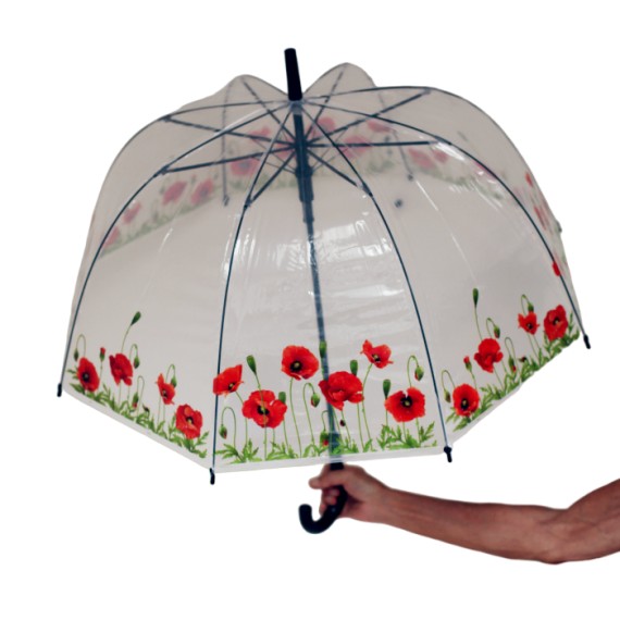 Parapluie automatique transparent cloche, thème "coquelicot"